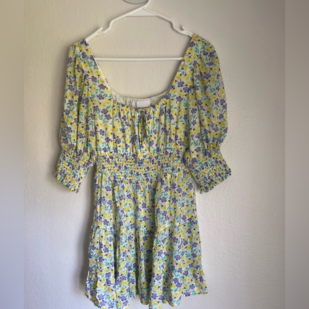 Skylar + Madison yellow and purple puff sleeve dress